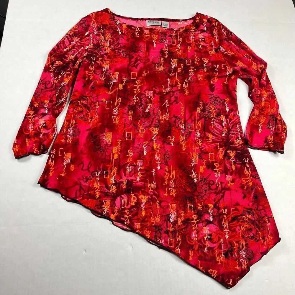 Chicos Travelers Blouse Red Abstract Floral Asian Print 3/4 Sleeve Top 2 LARGE